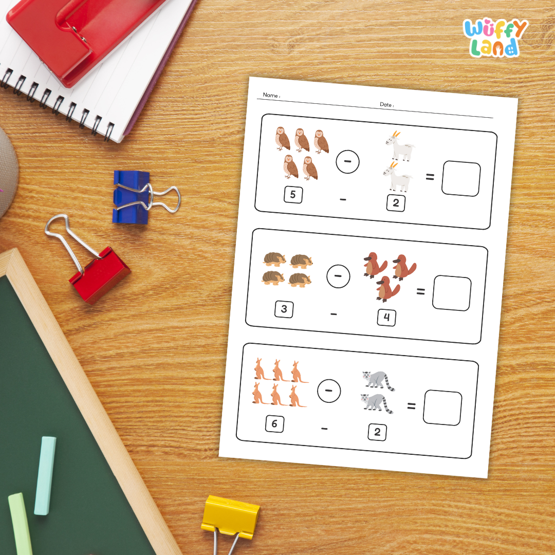 Set of printable worksheets titled “Subtraction Animal Worksheet” on a wood background. Each page shows subtraction problems using groups of animals—tigers, birds, hedgehogs, horses, giraffes, chameleons, zebras, frogs, penguins, and crocodiles—with numerals beneath (e.g., 15–7, 10–3, 11–2) and blank boxes for students to write the answers. Designed for early learners to practice subtracting with pictures