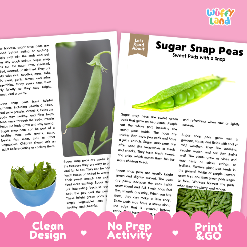 Teacher answer key page showing complete question solutions for sugar snap peas reading comprehension practice
