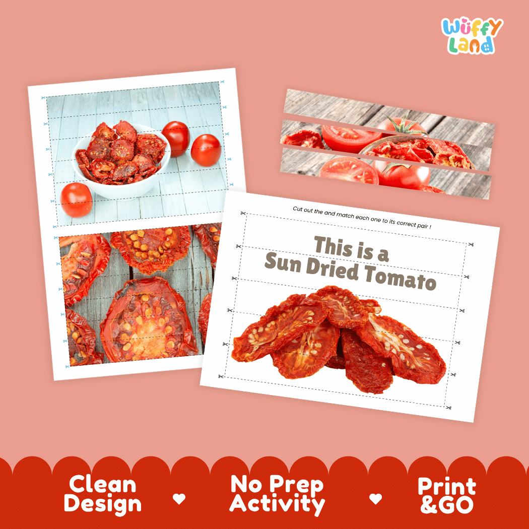 Sun Dried Tomato Cut and Match Activity Worksheets | Nuts and Dried Fruits Puzzle Printables