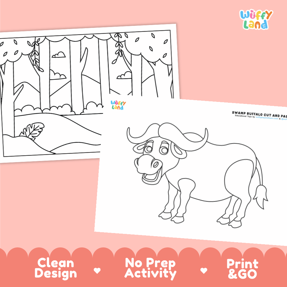 Swamp Buffalo Cut and Paste Craft and Coloring Activity Worksheets