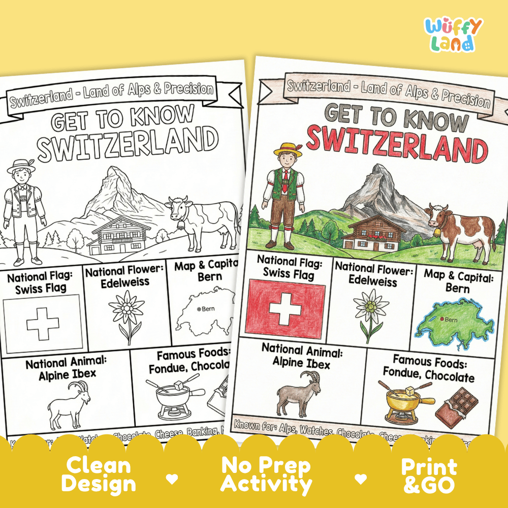 Switzerland Geography Coloring Poster and Fact Sheet Printables