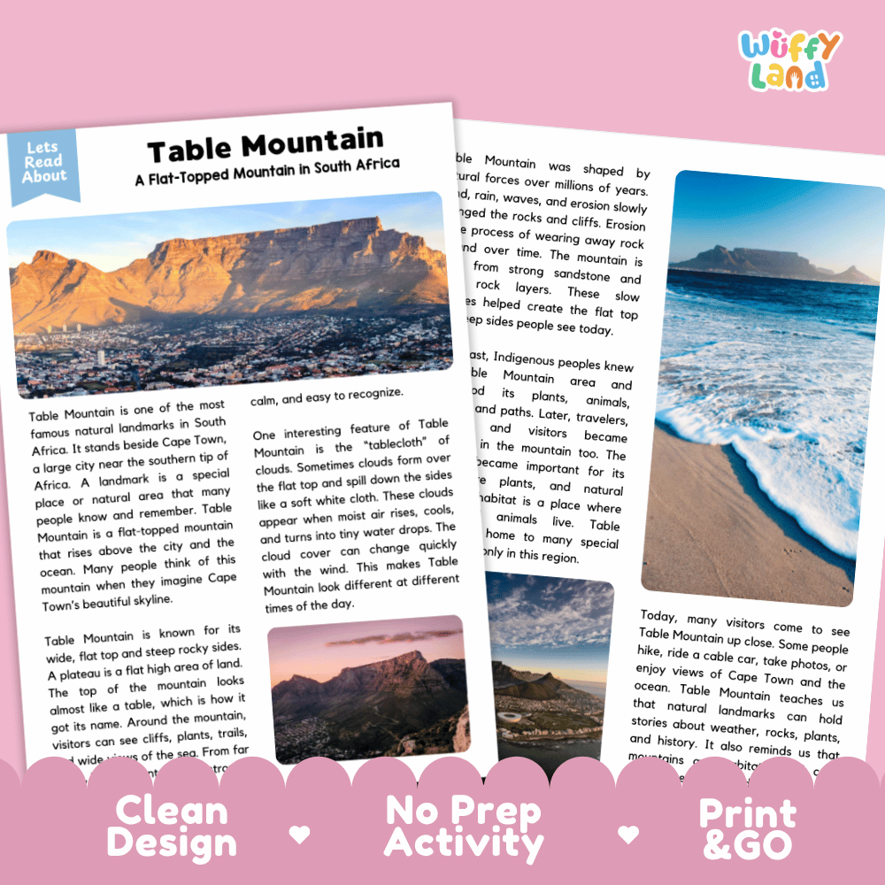 Reference sheet and answer key for Table Mountain landmark reading passage displaying completed comprehension answers and South African geography facts