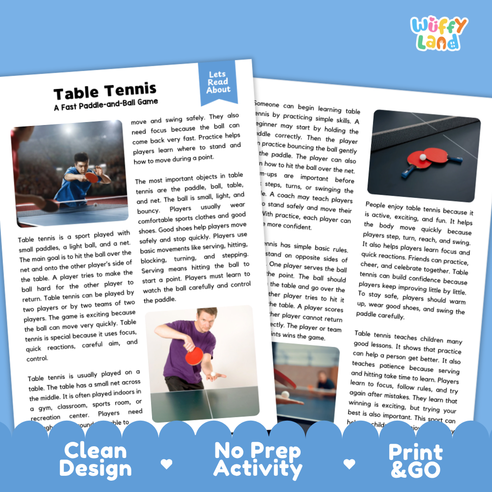 Table Tennis Sports Reading Passages and Comprehension Questions Worksheets