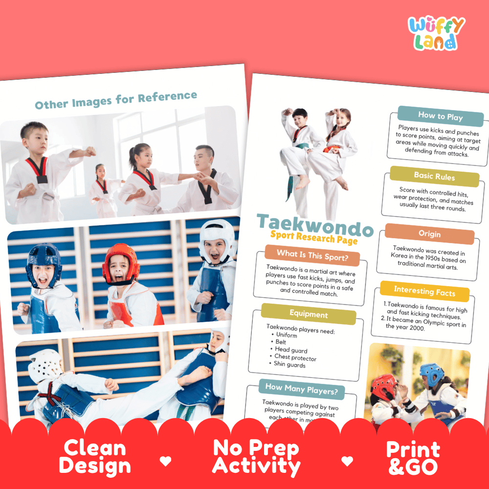 Two printed activity sheets for a Taekwondo sport research project, displayed on a coral pink background with promotional text reading 'Clean Design', 'No Prep Activity', and 'Print & GO'. The sheets contain photos of children in red and white uniforms, informational text boxes, and a small 'Wiffly land' logo in the top right.
