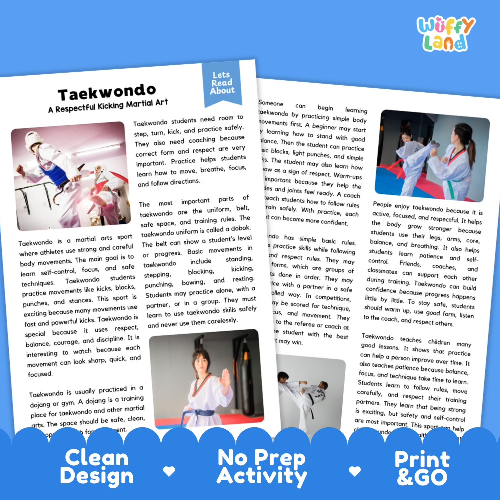 Taekwondo Sports Reading Passages and Comprehension Questions Worksheets