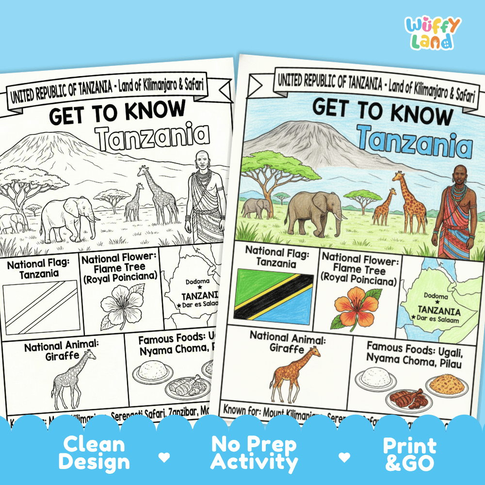 Tanzania Geography Coloring Poster and Fact Sheet Printable Worksheets