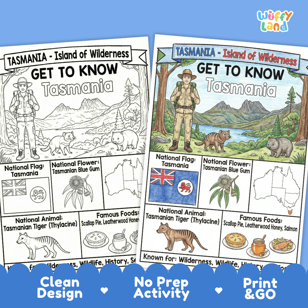 Tasmania Geography Coloring Poster | Australia State Study Research Worksheet Activity