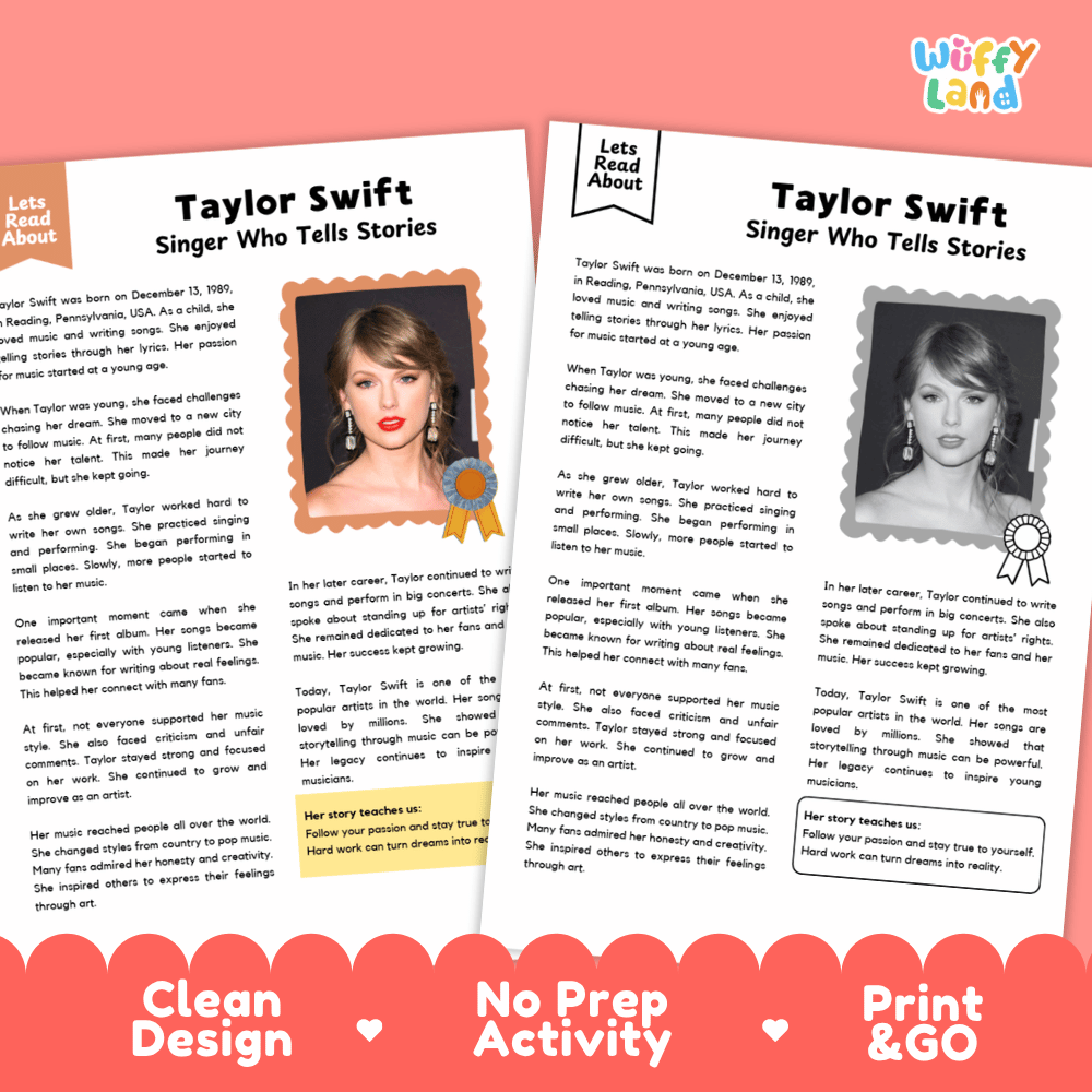 Two printed reading activity sheets about Taylor Swift, shown on a white background with a coral banner at the bottom reading 'Clean Design', 'No Prep Activity', and 'Print & GO'. The sheets are titled 'Let's Read About' and feature text plus portrait photos of Taylor Swift.