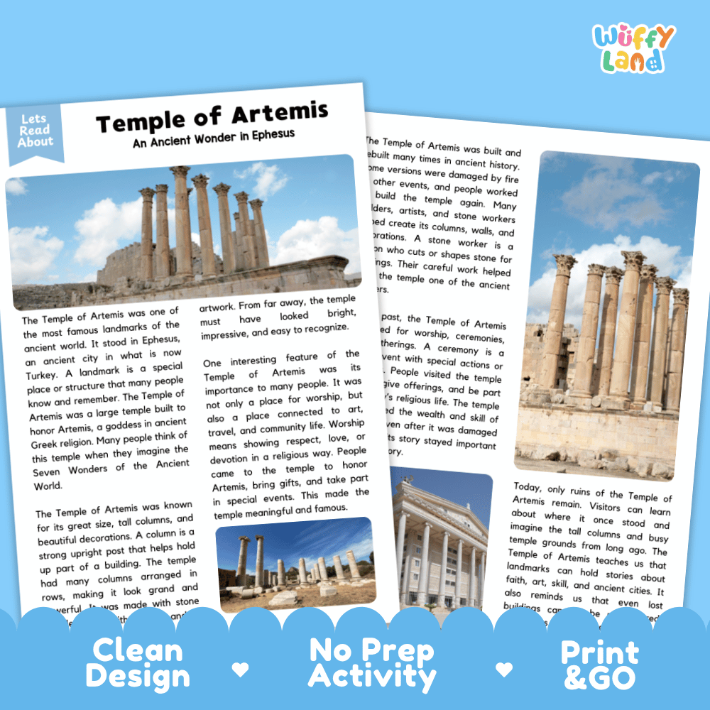 Reference sheet and answer key for Temple of Artemis landmark reading passage displaying completed comprehension answers and ancient world history facts