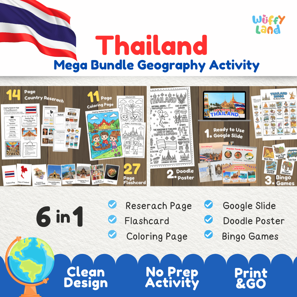 Complete Thailand geography activity bundle featuring Google Slides, doodle coloring poster, and classroom bingo games 🇹🇭🎒