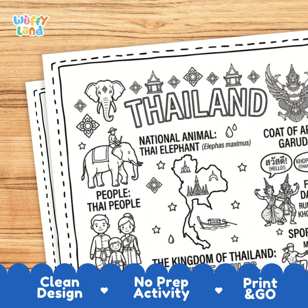 Cultural coloring page featuring traditional Thai attire, Khon mask dance, Muay Thai, Benjarong porcelain, and Sawatdee greeting