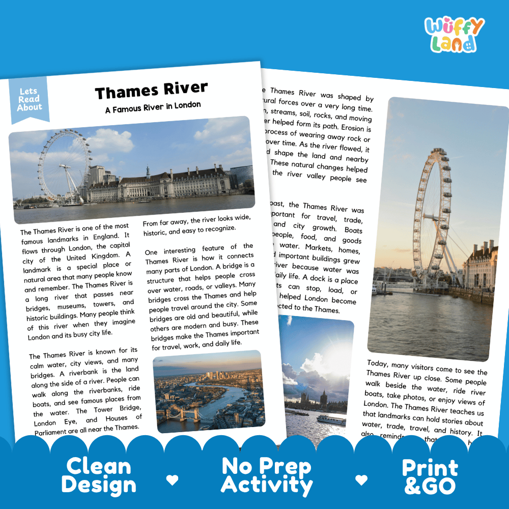 Reference sheet and answer key for Thames River landmark reading passage displaying completed comprehension answers and London geography facts