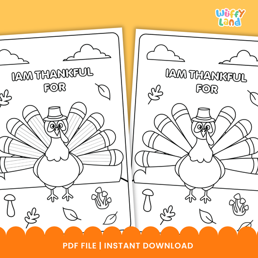 Black-and-white printable pages featuring a turkey craft activity titled “I Am Thankful For,” showing two turkey coloring sheets with sections for children to write what they are thankful for