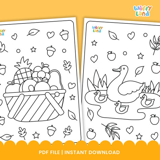 A set of printable Thanksgiving-themed coloring pages featuring cute animals, including deer, a squirrel holding an acorn, and a turkey wearing a pilgrim hat, along with clouds, leaves, and hearts