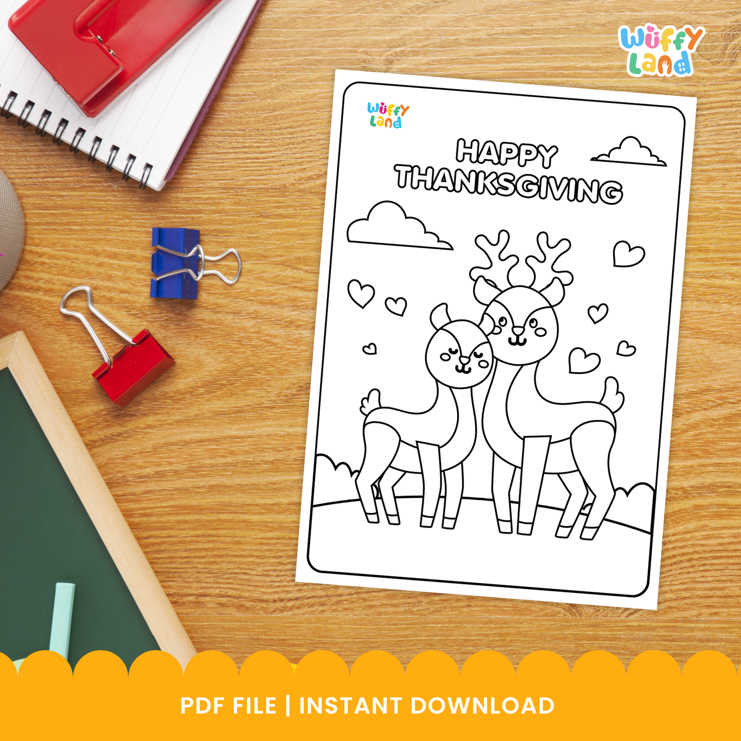 A set of printable Thanksgiving-themed coloring pages featuring cute animals, including deer, a squirrel holding an acorn, and a turkey wearing a pilgrim hat, along with clouds, leaves, and hearts