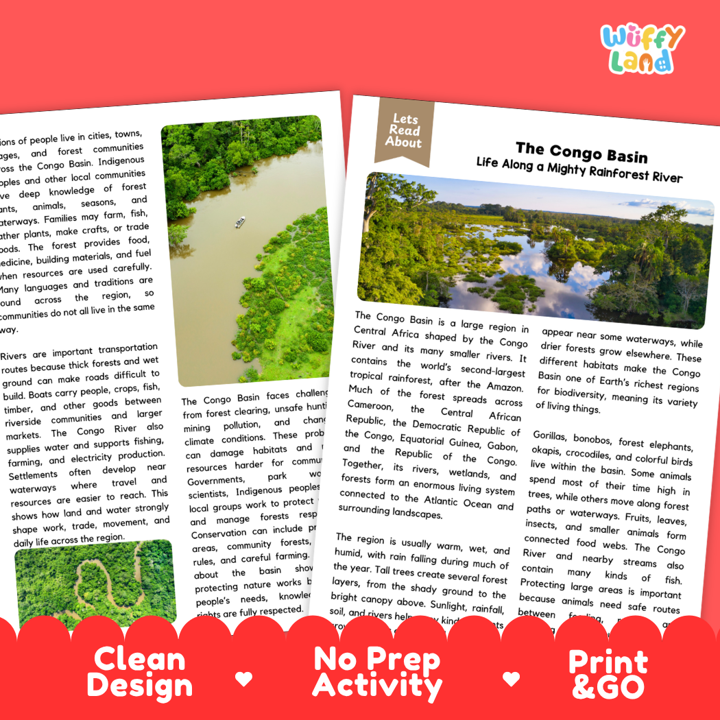 Teacher answer key page showing complete question solutions for The Congo Basin world geography reading comprehension practice