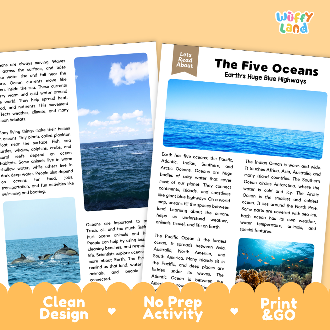 Teacher answer key page showing complete question solutions for five oceans reading comprehension practice
