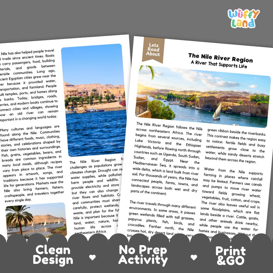 Teacher answer key page showing complete question solutions for The Nile River Region world geography reading comprehension practice