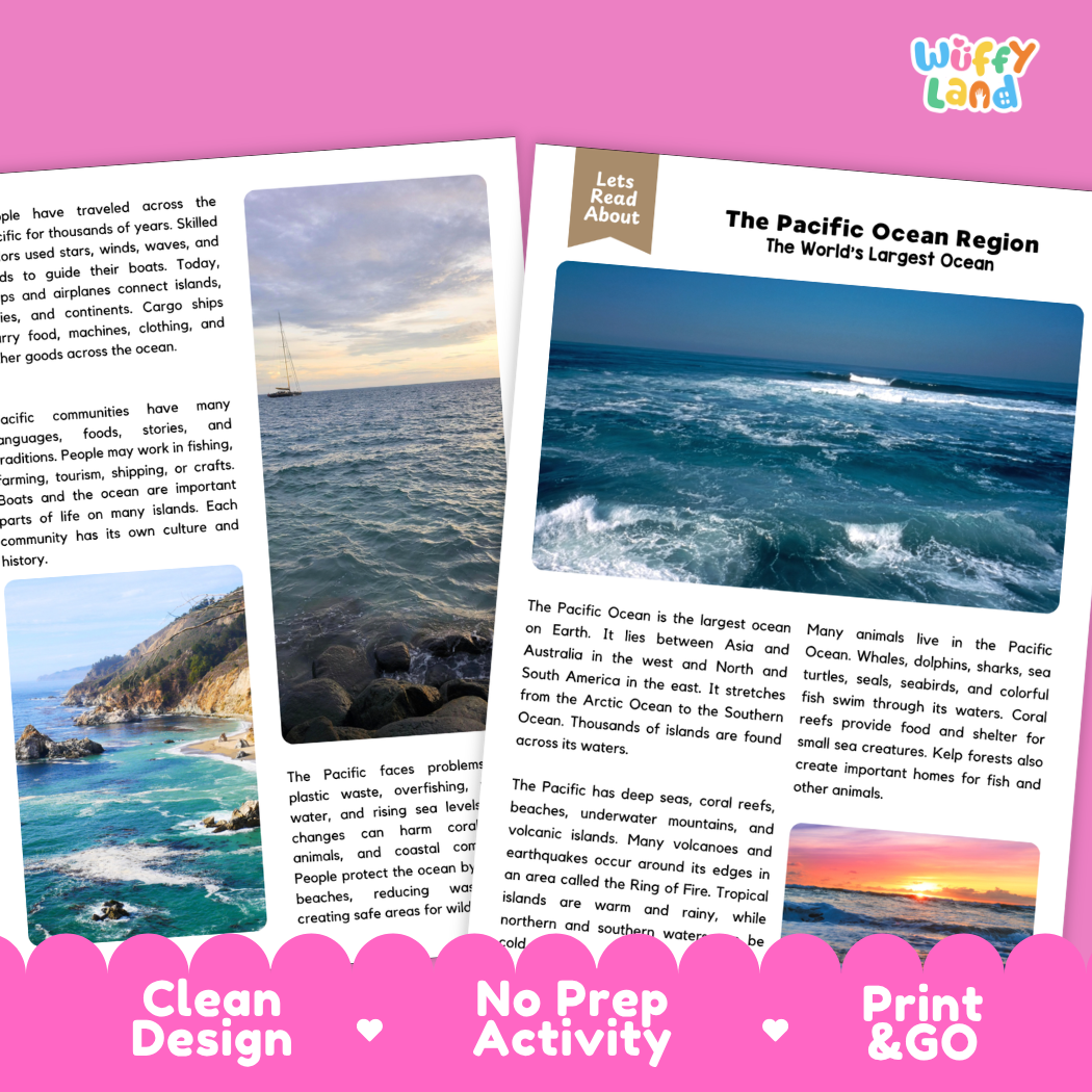 Teacher answer key page showing complete question solutions for The Pacific Ocean Region world geography reading comprehension practice