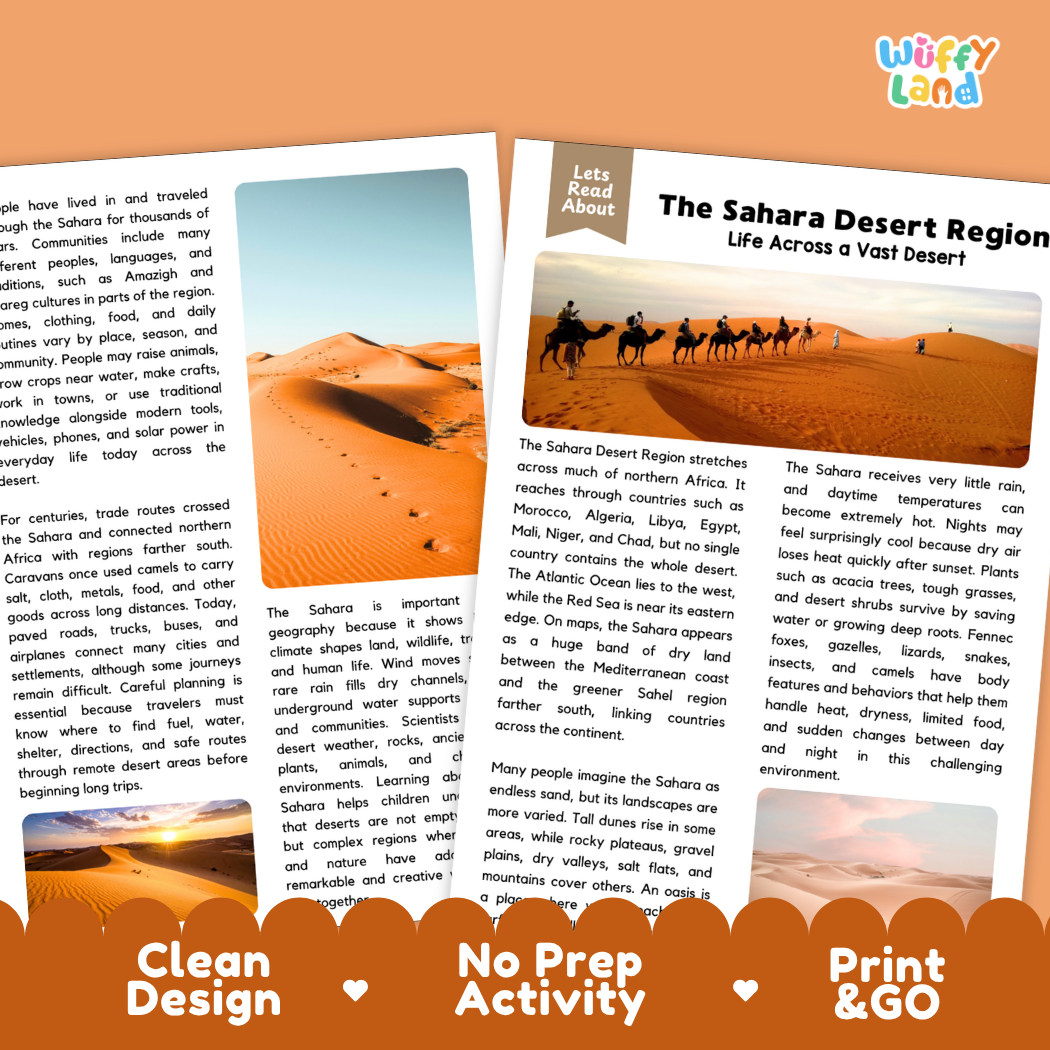 Teacher answer key page showing complete question solutions for The Sahara Desert Region geography and Earth science reading comprehension practice