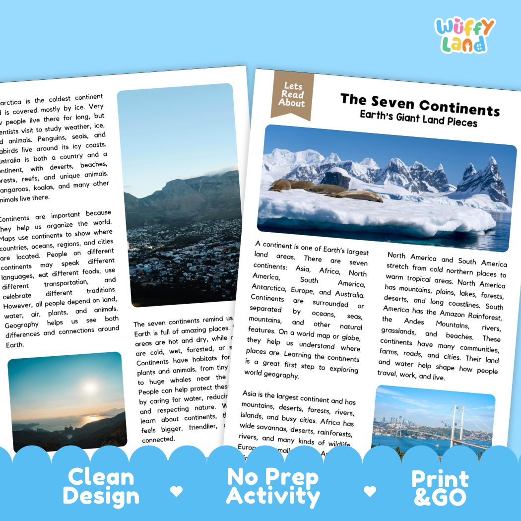 Teacher answer key page showing complete question solutions for seven continents reading comprehension practice