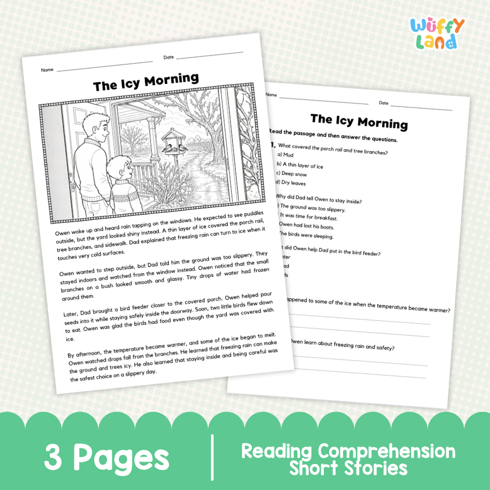 The Icy Morning Reading Comprehension Passage and Questions Worksheets