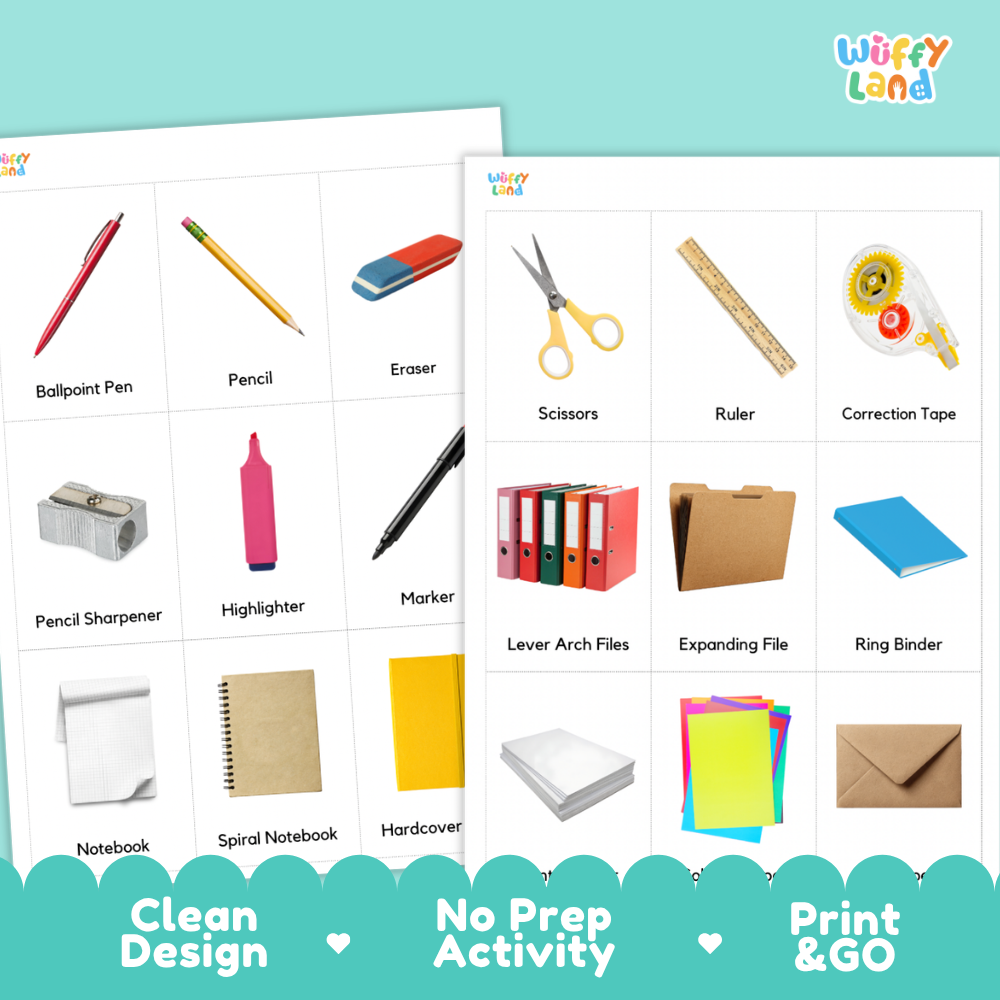 Things At The Stationery Store Vocabulary Flashcards and Matching Cards