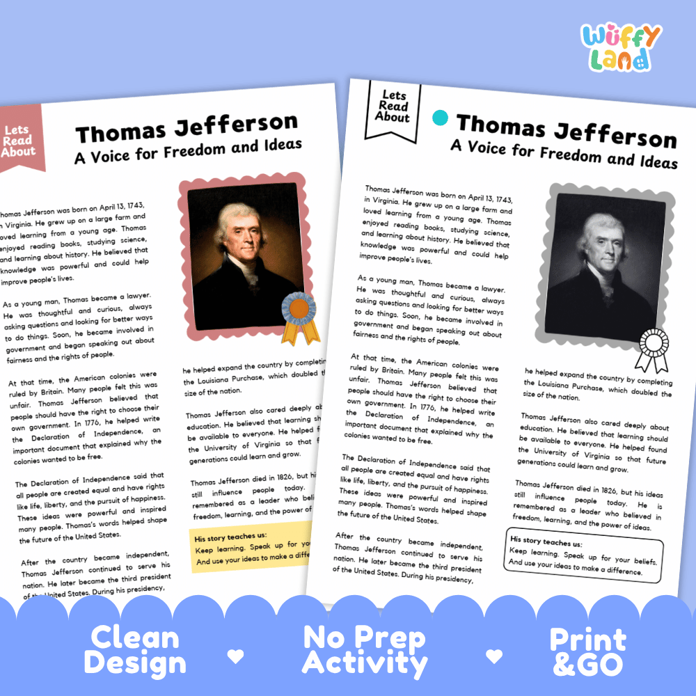Two educational activity sheets about Thomas Jefferson from the brand Wuffly Land, displayed on a light blue background with a 'Let's Read About' banner on the left. The sheets feature a portrait of Jefferson, text, and award ribbon graphics.