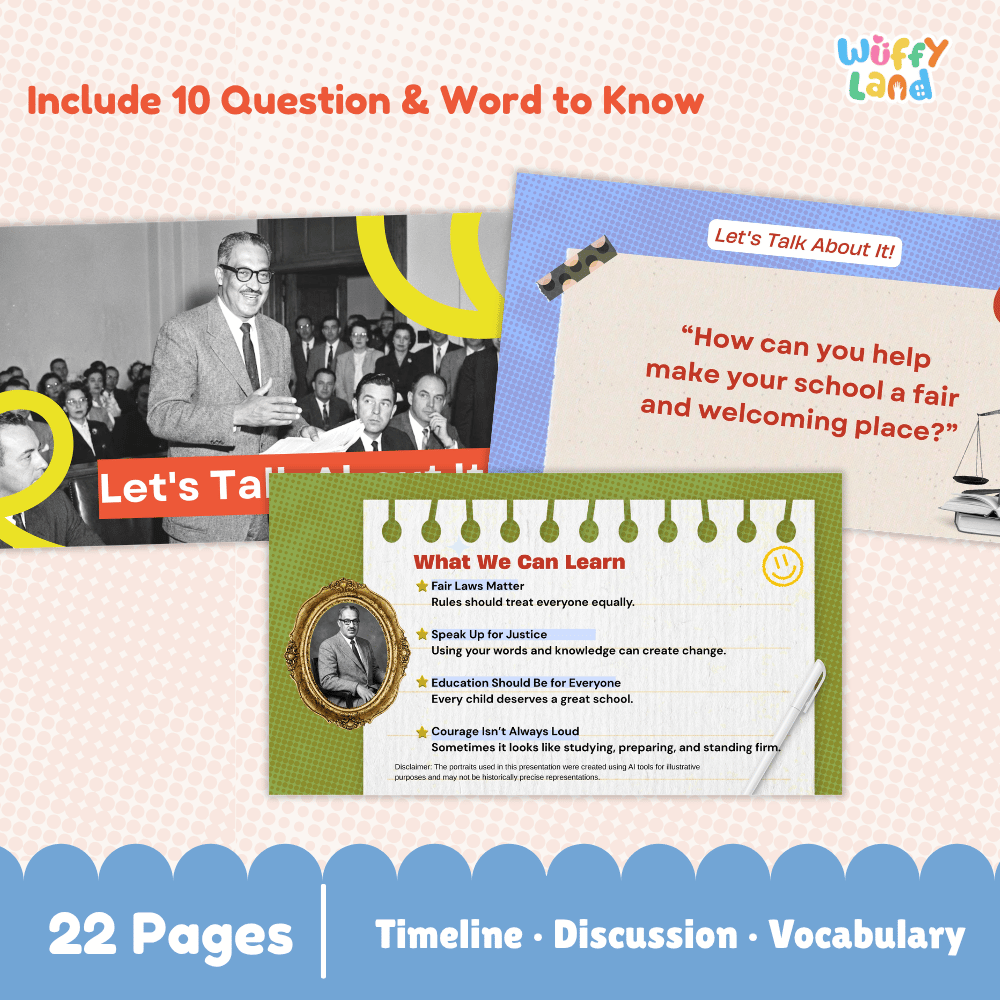 Promotional graphic for an educational resource titled 'What We Can Learn' by Wuffy Land, showing a collage of historical figures, text panels, and a green page layout with bullet points about fairness, justice, speaking up, education, and caring. Text at the top says 'Include 10 Question & Word to Know' and the bottom banner says '22 Pages | Timeline · Discussion · Vocabulary'.