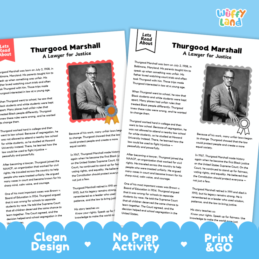 Thurgood Marshall Biography Reading Passage and Writing Activity Worksheets