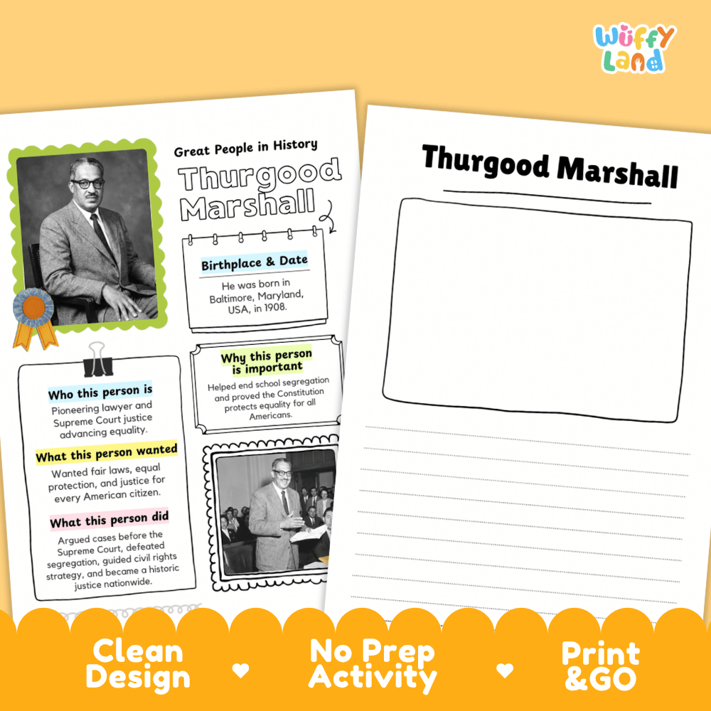Two printable educational activity sheets for Thurgood Marshall displayed on a warm yellow background. The left sheet is a labeled informational card with a portrait photo, text boxes, and decorative border elements.