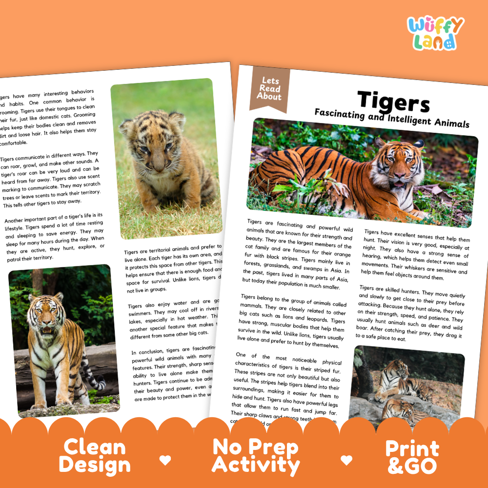 A children's educational activity booklet titled 'Tigers Fascinating and Intelligent Animals' by Wiffly Land, shown as a clean product mockup with two pages fanned out. The pages feature colorful text, animal photographs, and a bright orange header.