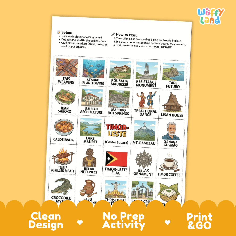 Timor Leste Geography BINGO Game Southeast Asia Country Study Activity Printable Boards