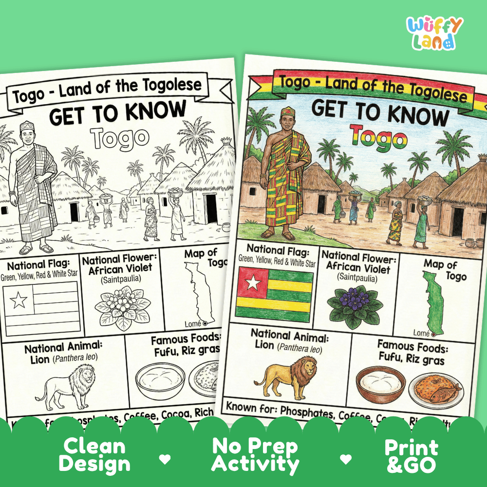 Togo Geography Coloring Poster and Fact Sheet Printable Worksheets