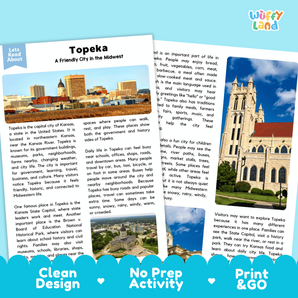 Reference sheet and answer key for Topeka landmark reading passage displaying completed comprehension answers and United States geography facts