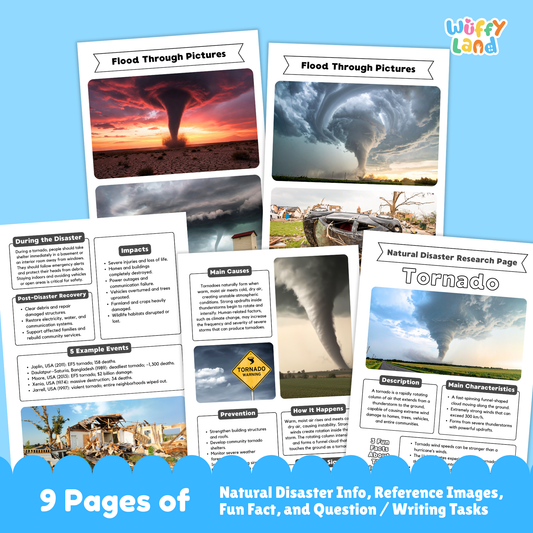 A printable tornado research project for students, featuring a large tornado photo, sections for description, main characteristics, prevention, warning signs, and impacts, plus worksheets, research templates, and real-life tornado images for kids to study and complete.