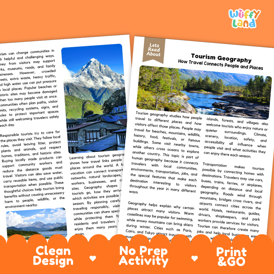 Teacher answer key page showing complete question solutions for Tourism Geography human geography and social studies reading comprehension practice