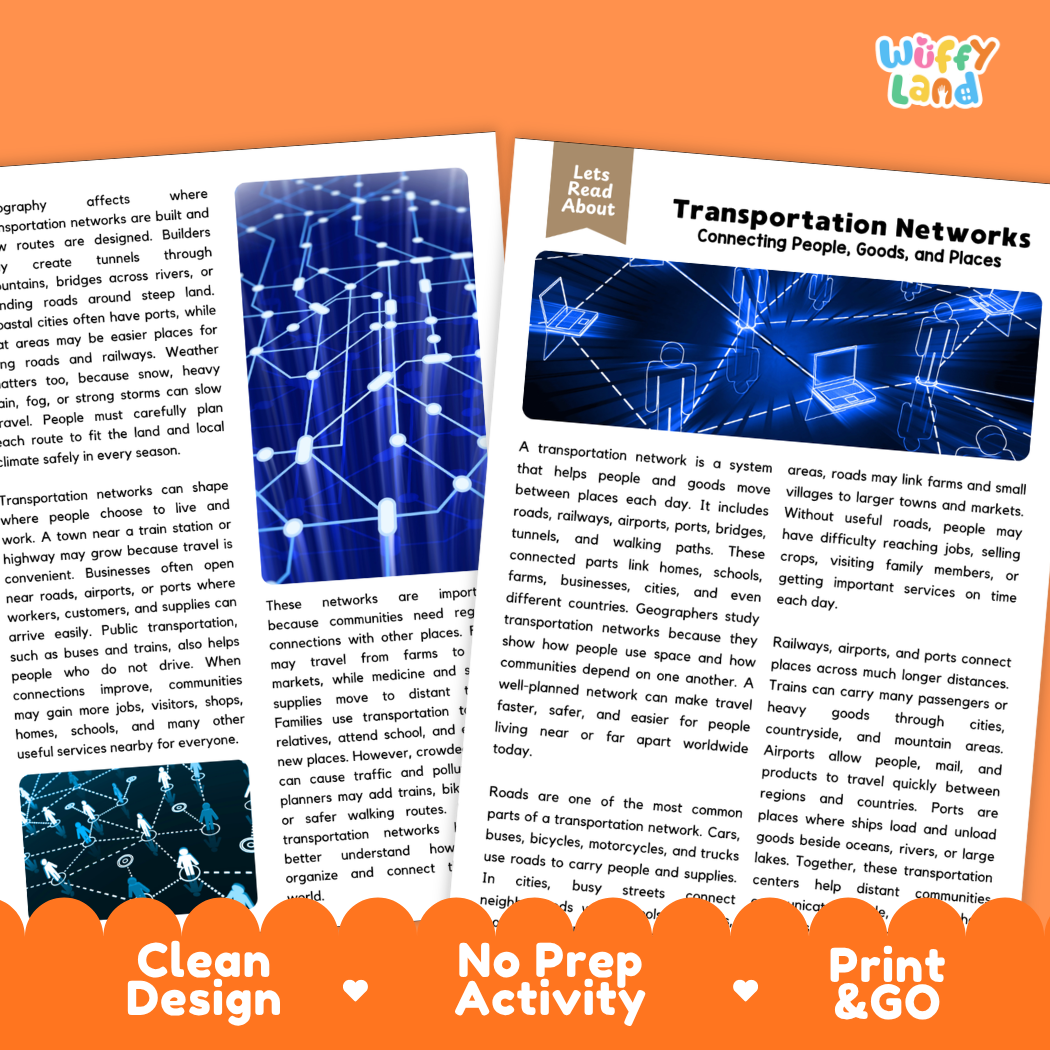 Teacher answer key page showing complete question solutions for Transportation Networks human geography and social studies reading comprehension practice
