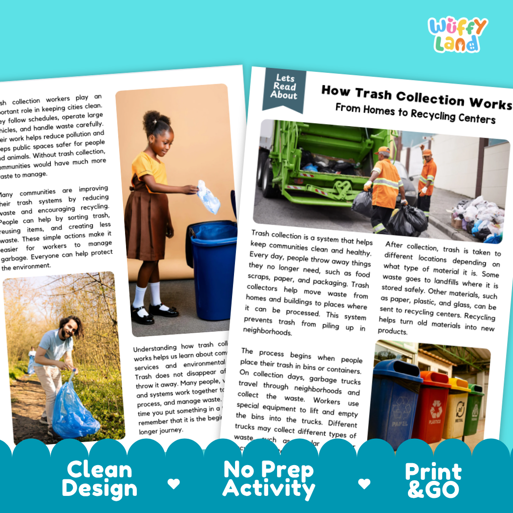 Complete teacher answer key worksheet providing detailed model responses for trash collection comprehension questions