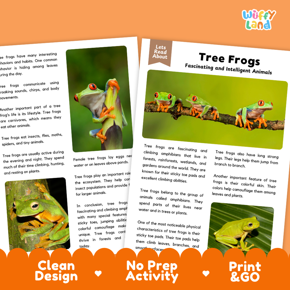 An educational activity sheet about tree frogs, featuring colorful illustrations of tree frogs on a white background with orange decorative banners at the bottom. The sheet includes text sections and three small photo inserts showing tree frogs in natural settings.