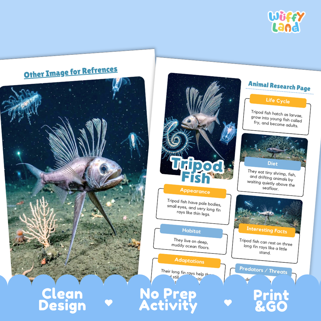 Two printed educational activity sheets for learning about tripod fish, displayed on a light blue background with decorative blue wave banners at the bottom. The left sheet shows an underwater reference image of a tripod fish, and the right sheet shows a labeled animal research page with sections for life cycle, diet, appearance, habitat, adaptations, and interesting facts.