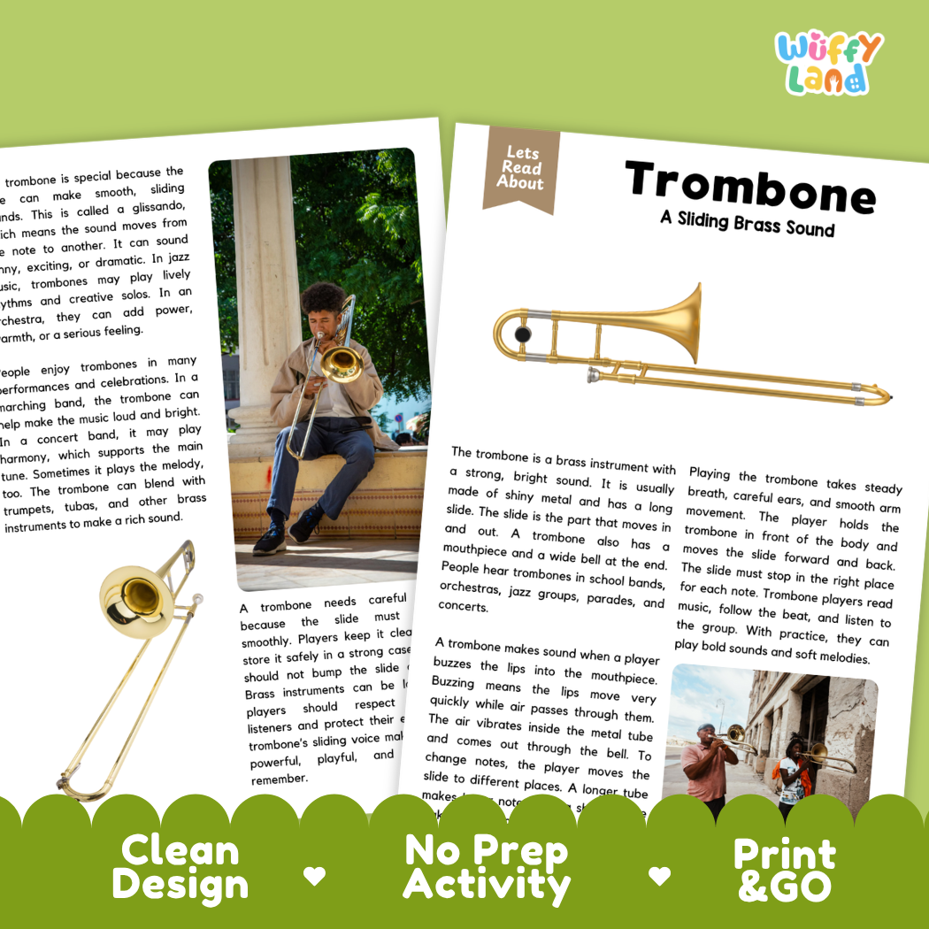 Teacher answer key page showing complete question solutions for Trombone music education reading comprehension practice