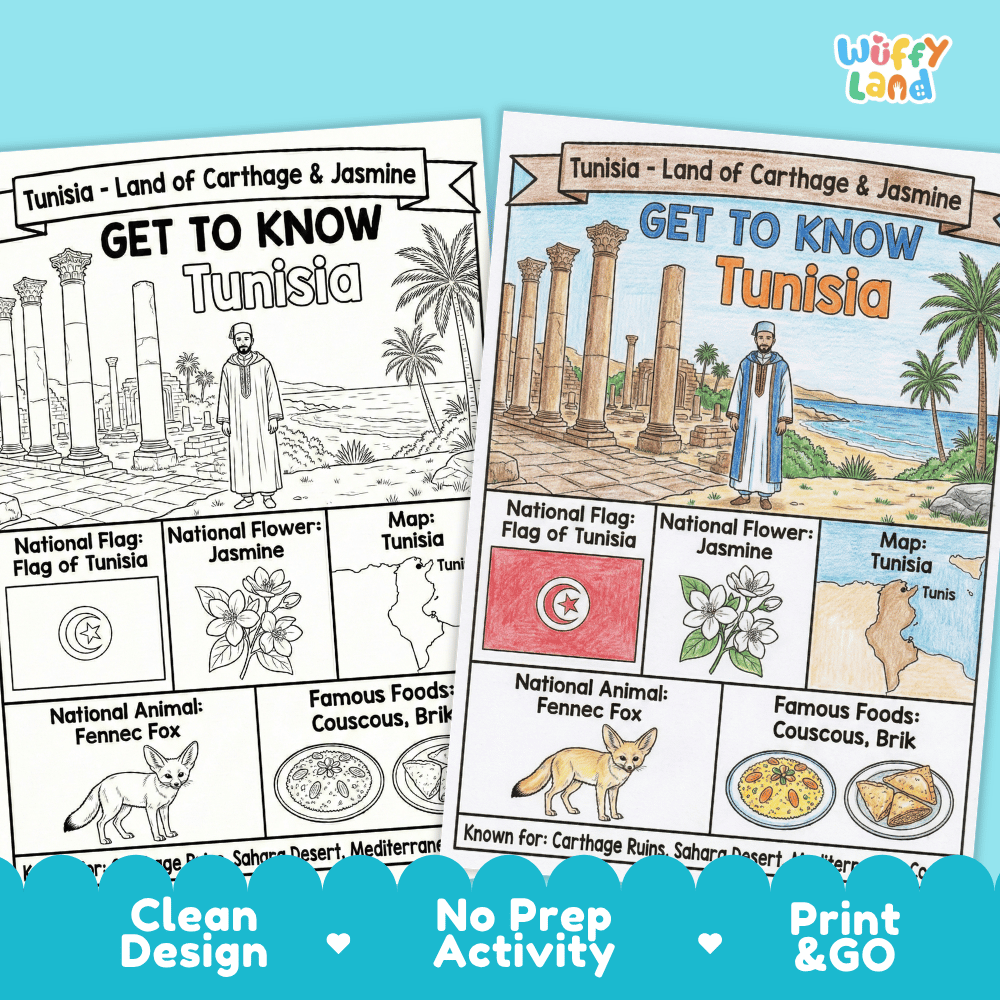 Tunisia Geography Coloring Poster and Fact Sheet Printable Worksheets
