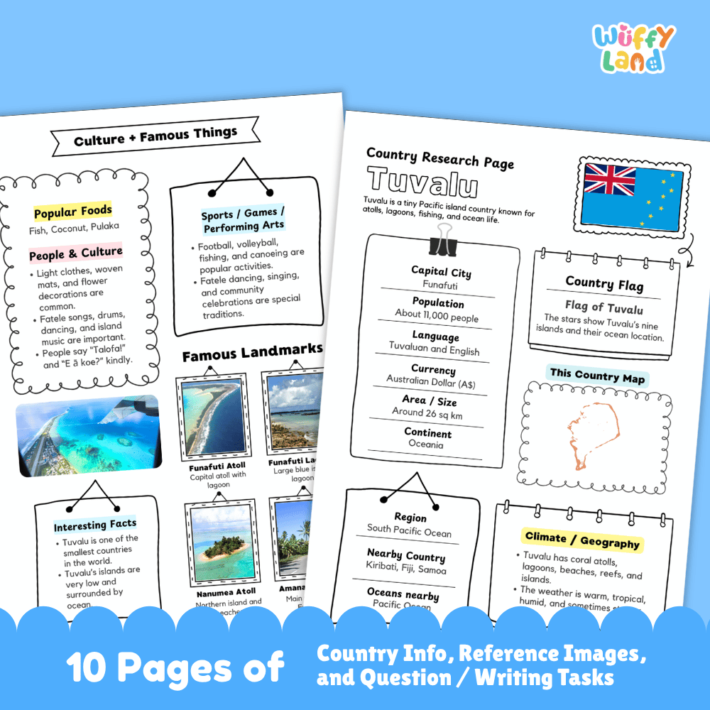 Tuvalu Country Research Project Worksheets and Activity Pages