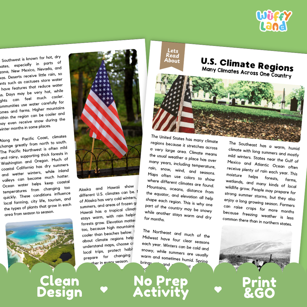 Teacher answer key page showing complete question solutions for U.S. climate regions geography and Earth science reading comprehension practice
