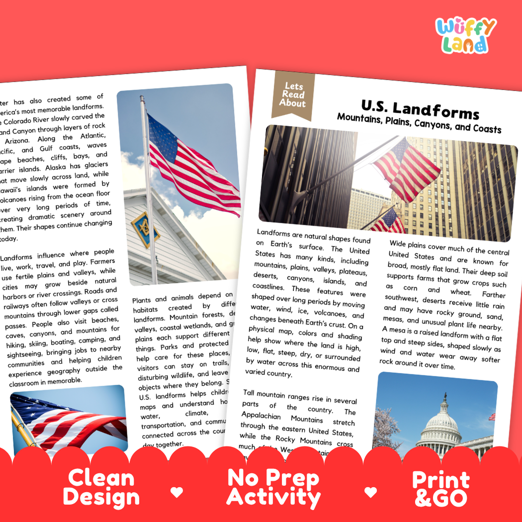 Teacher answer key page showing complete question solutions for U.S. landforms geography and Earth science reading comprehension practice