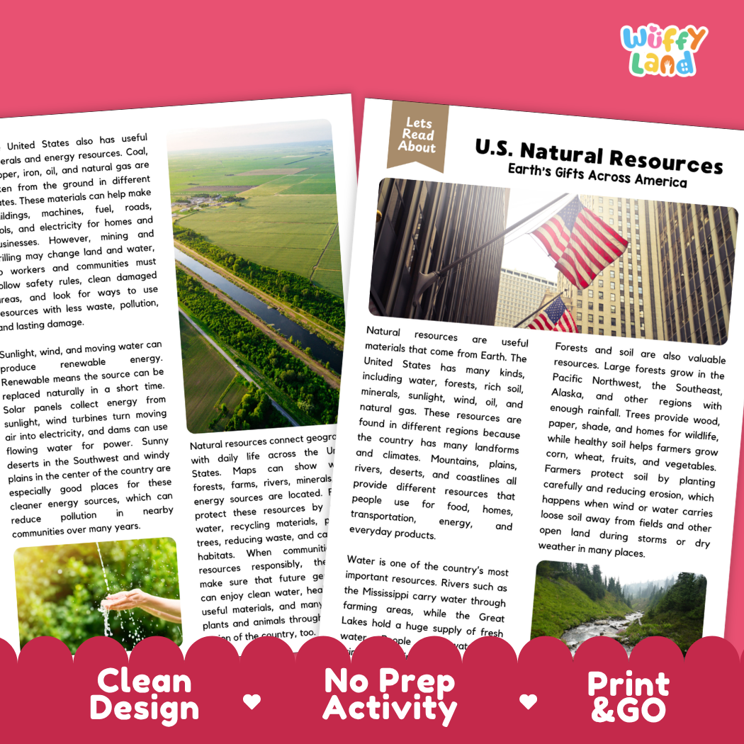 Teacher answer key page showing complete question solutions for U.S. natural resources geography and environmental science reading comprehension practice