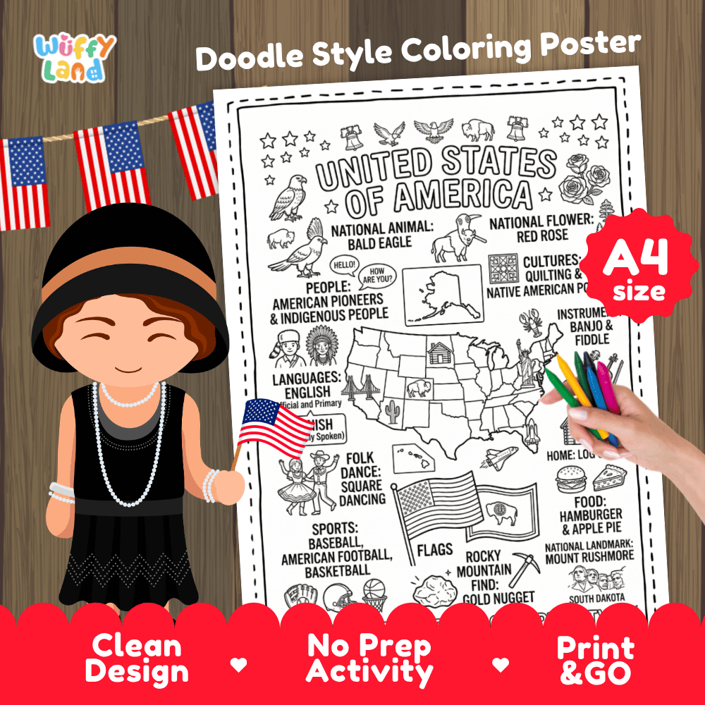 United States of America country study doodle style coloring poster printable page featuring map, Statue of Liberty, and cultural symbols