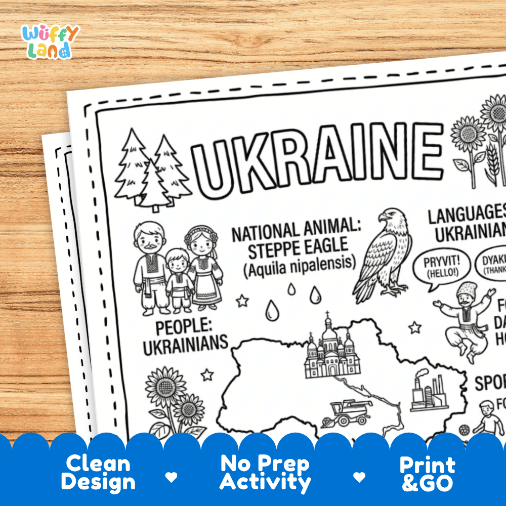 Cultural coloring page featuring traditional Ukrainian Vyshyvanka embroidery, Hopak dance, Pysanky eggs, and Pryvit greeting speech bubbles
