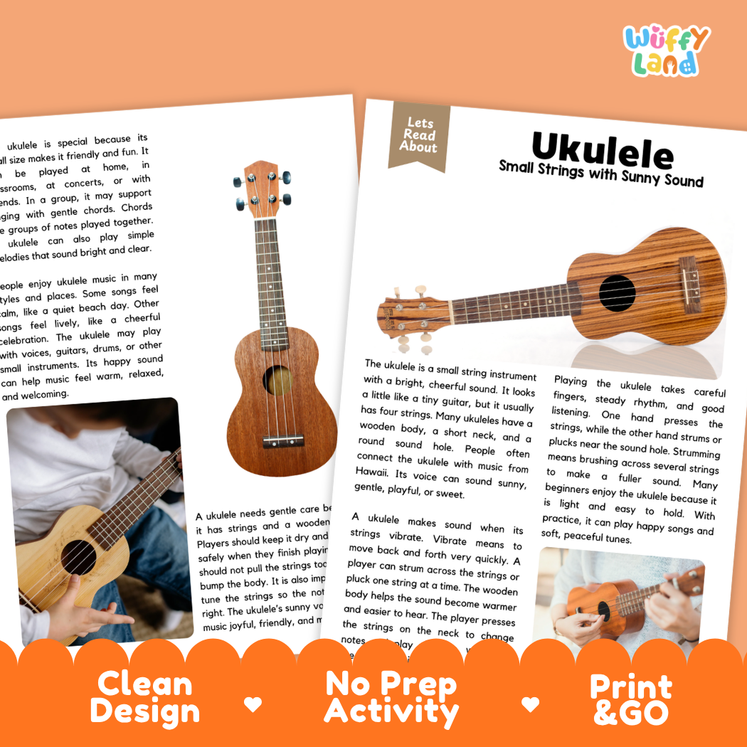 Teacher answer key page showing complete question solutions for Ukulele music education reading comprehension practice